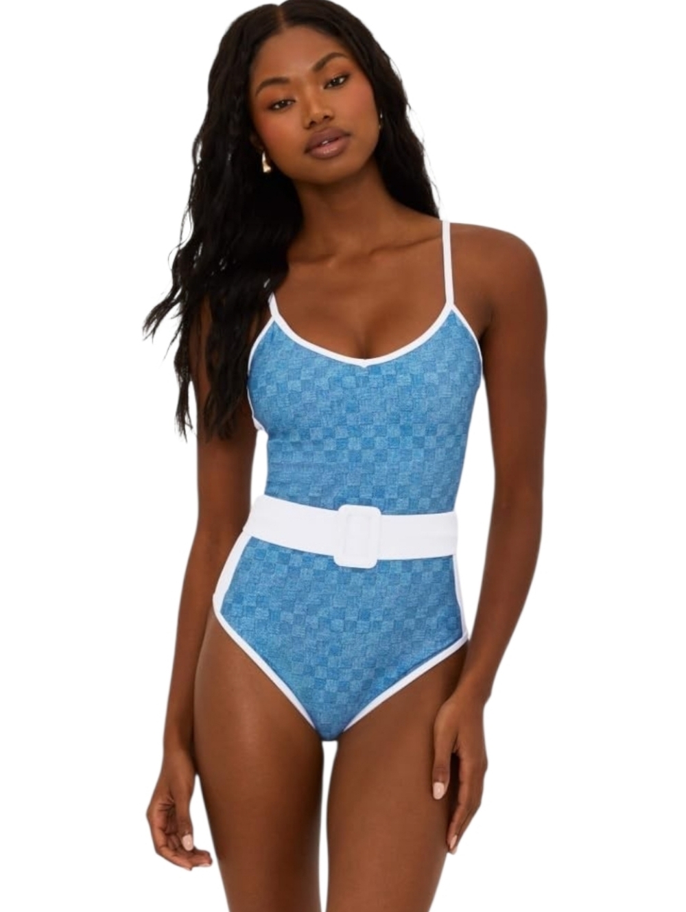 NWT Beach Riot Harmony Belted One Piece Swimsuit Denim Daze Blue sz L